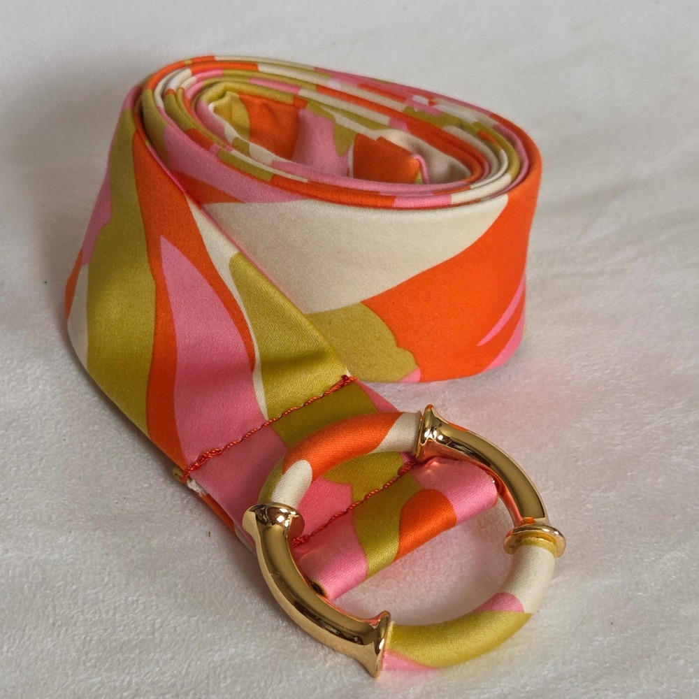 J.Crew Fabric O-Ring Belt M Pink Orange Abstract Psychedelic Retro Mod 13087